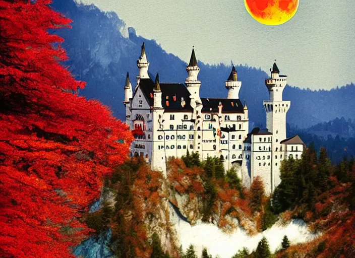 Prompt: neuschwanstein castle on water flowing down gold travertine terraces during sakura season on a blood moon, by peter andrew jones and conrad roset, rule of thirds, beautiful landscape