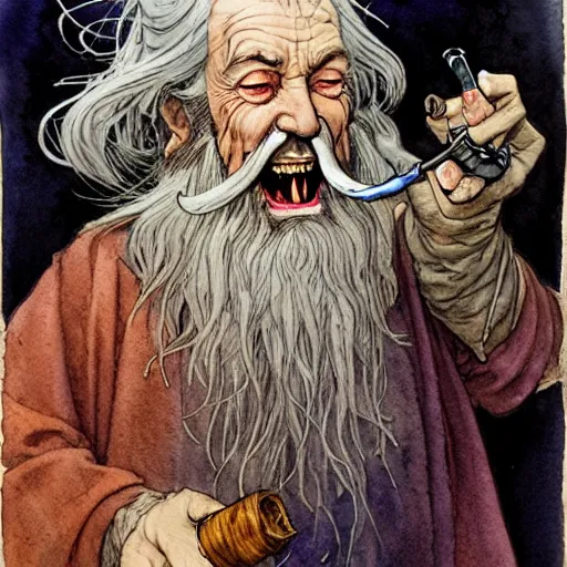 Image similar to a realistic and atmospheric watercolour fantasy character concept art portrait of gandalf with bloodshot eyes laughing and smoking a pipe looking at the camera by rebecca guay, michael kaluta, charles vess and jean moebius giraud