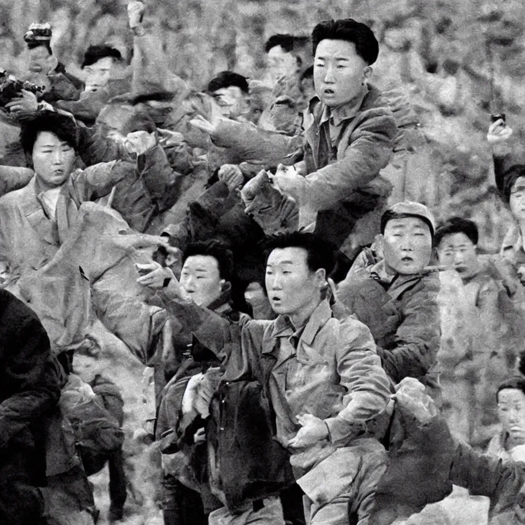 Prompt: low resolution filmstill of a north Korean thriller in the style of Akira Kurosawa