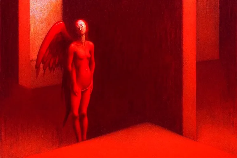 Image similar to only with red, a red angel announce the win, at the gates of a rich renaissance city, pathos, in the style of beksinski, part by hopper, part by rodcenko, part by hofbauer, intricate composition, red by caravaggio, insanely quality, highly detailed, masterpiece, red light, artstation