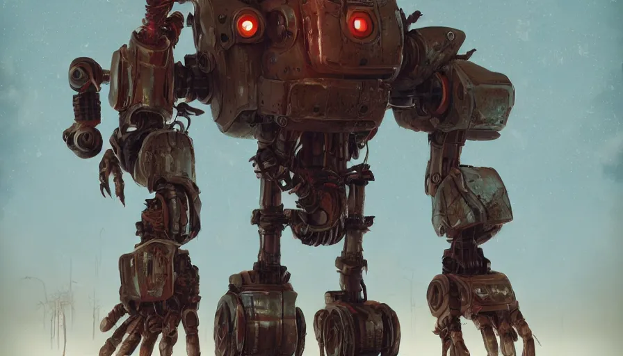 Image similar to a digital art portrait of post apocalyptic warhammer robot by Simon Stalenhag, rusty scrap four arms android character design, character sheet, 4k, ultra detail, volumetric lighting, unreal engine, octane render