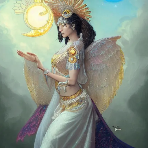 Image similar to A beautiful digital painting of a female Seraphim full of jewels, princess, the moon behind her, intricate, cinematic lighting, highly detailed, digital painting, Artstation, concept art, smooth, sharp focus, illustration, art by Tom Bagshaw, Artgerm and Greg Rutkowski