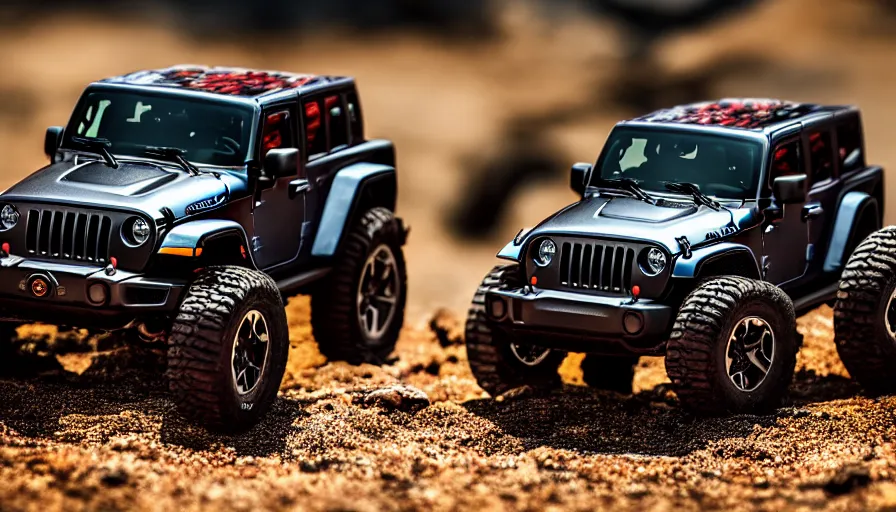 Image similar to Hot Wheels, Jeep Wrangler JKU, cinematic, Maxxis, 8k, depth of field, bokeh.