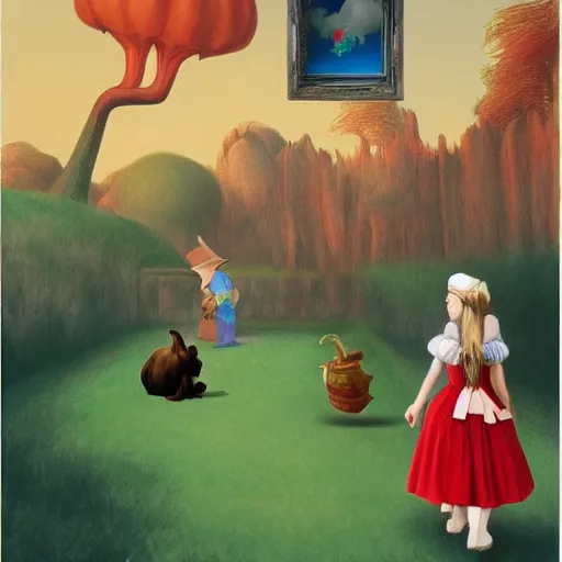 Image similar to Alice in Wonderland and Wizard of Oz by Raphael, Hopper, and Rene Magritte. detailed, romantic, enchanting, trending on artstation.