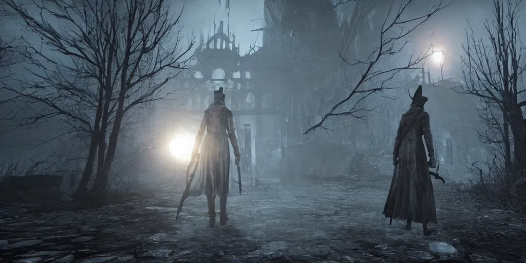 Prompt: mix between silent hill and bloodborne, terrifying, dark