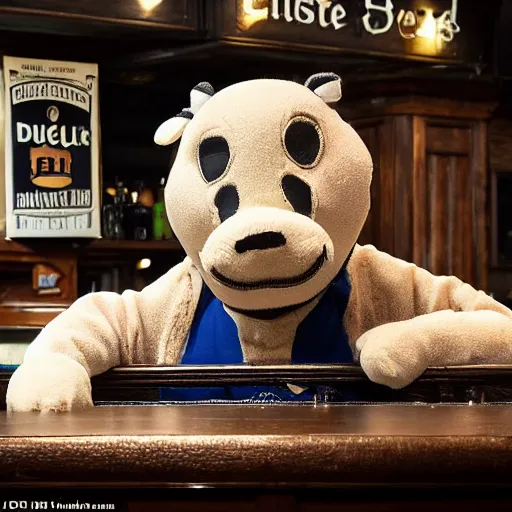 Image similar to Bullseye mascot Bully sitting at the bar of an English pub with a half drunk pint of ale. He looks sad and dejected by carravagio dramatic light