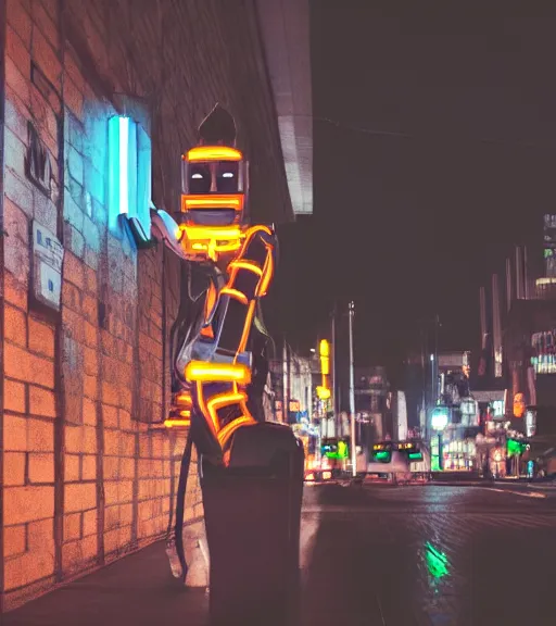 Image similar to portrait of robot lowlight neon lights, cinematic,4k,35mm,street photo, epic