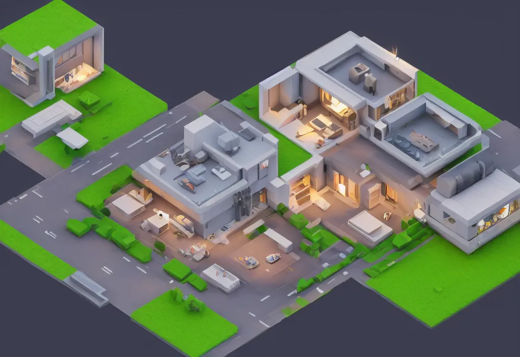 Image similar to isometric magicavoxel modern house, magicavoxel cinematic lighting, 4k