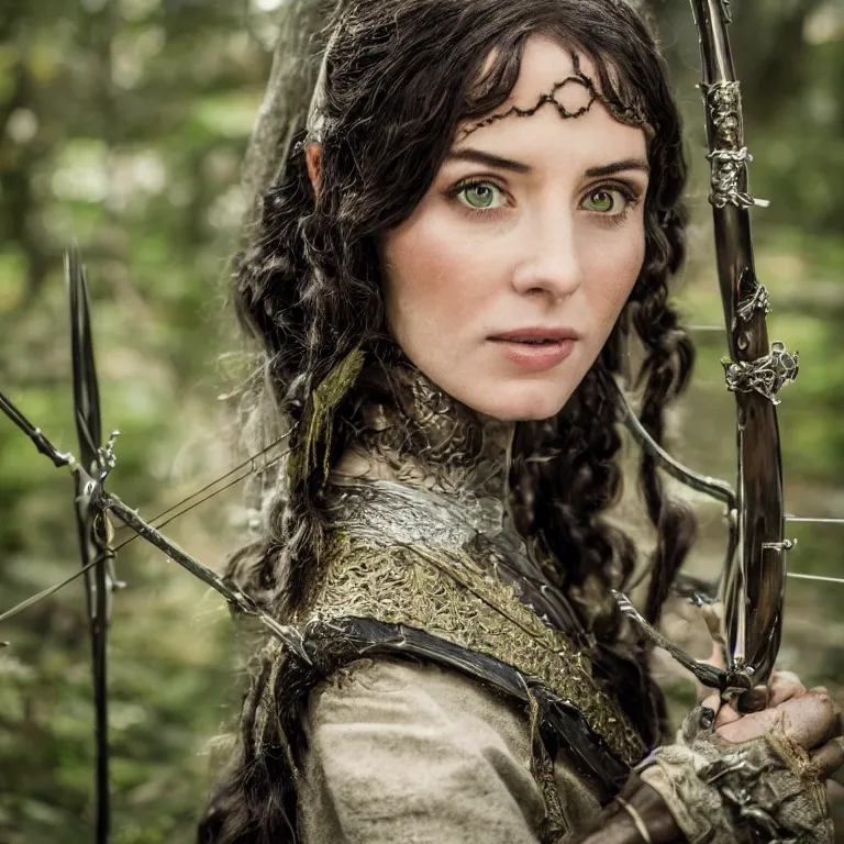 Prompt: 5 5 mm portrait photo of an armored gorgeous anesthetic dark haired woman archer, in a magical forest in the style of lord of the rings, highly detailed 8 k. intricate. lifelike. soft light. nikon d 8 5 0. cinematic post - processing