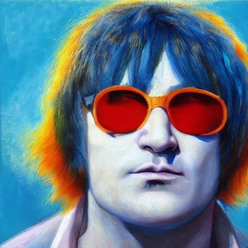 Image similar to midsommar blue hair elton john lennon, oil painting, emotional vision, artstation