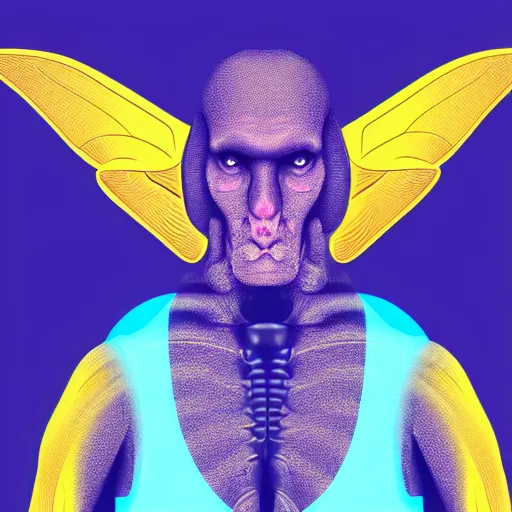 Image similar to human man that resembles a wasp morh in surreal sketch style, blue and yellow gradient, noise, ultrafine detail, hd 8k, logo illustration