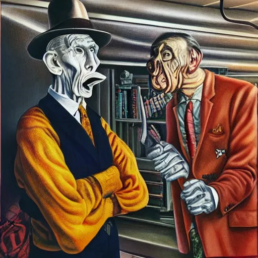 Image similar to beautiful lifelike painting of william burroughs wearing technical gloves, hyperreal detailed facial features and uv lighting, art by ed roth and basil wolverton