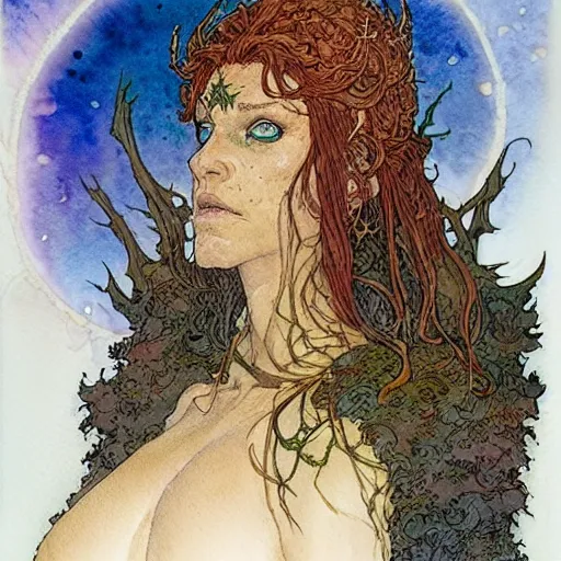 Prompt: a realistic and atmospheric watercolour fantasy character concept art portrait of a freckled incredibly beautiful woman as a druidic warrior wizard looking at the camera with an intelligent gaze by rebecca guay, michael kaluta, charles vess and jean moebius giraud