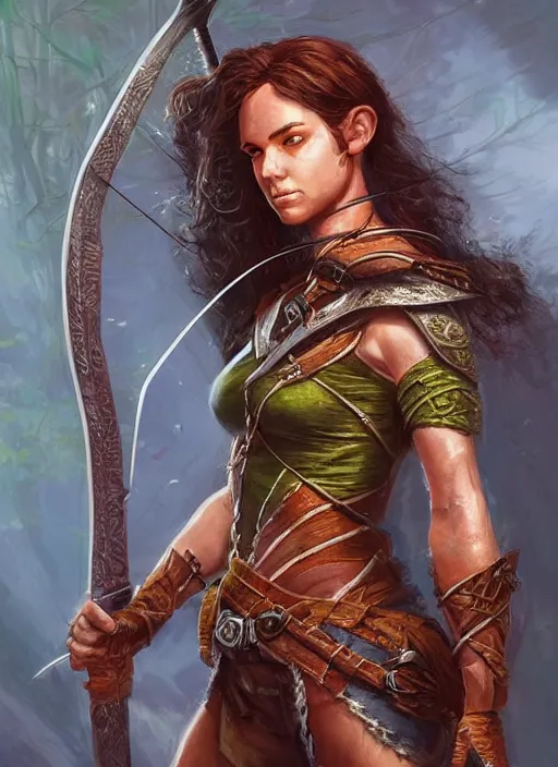 Image similar to female archer hunter, ultra detailed fantasy, dndbeyond, bright, colourful, realistic, dnd character portrait, full body, pathfinder, pinterest, art by ralph horsley, dnd, rpg, lotr game design fanart by concept art, behance hd, artstation, deviantart, hdr render in unreal engine 5