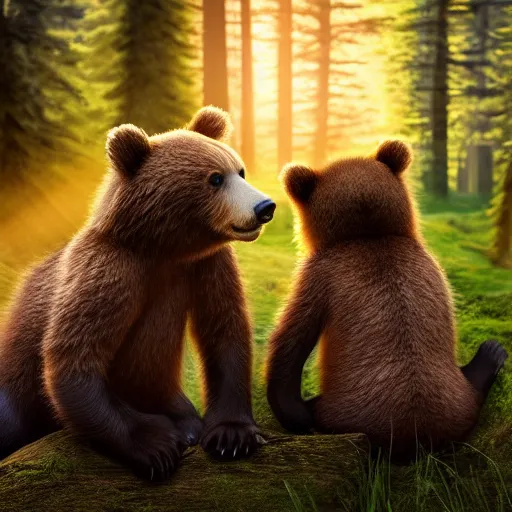 Prompt: a very very beautiful closeup picture of three cute bear cubs with very happy faces sitting inside a tent in the woods, sunset, vivid colors, soft lighting, atmospheric, cinematic, moody, trending on artstation, oil on canvas, 8K