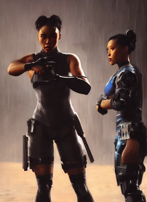 Image similar to black chun li teaching martial arts. cyberpunk police trooper in a military vest ( blade runner 2 0 4 9, cyberpunk 2 0 7 7 ). orientalist portrait by john william waterhouse and james gurney and theodore ralli and nasreddine dinet, oil on canvas. cinematic, hyper realism, realistic proportions, dramatic lighting, high detail 4 k