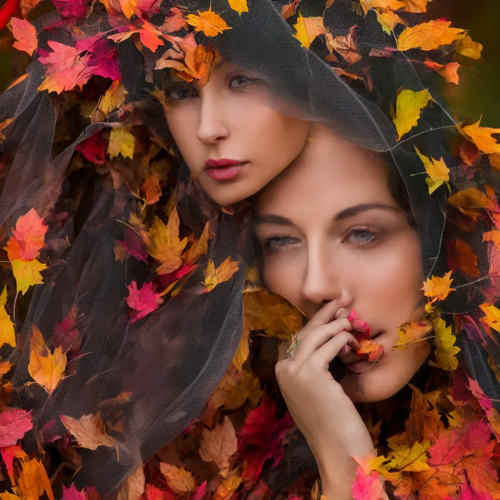 Image similar to highly detailed colorful and playful portrait fashion photography of a gazing face, wearing a widow's veil, in autumn, 105mm f2.8