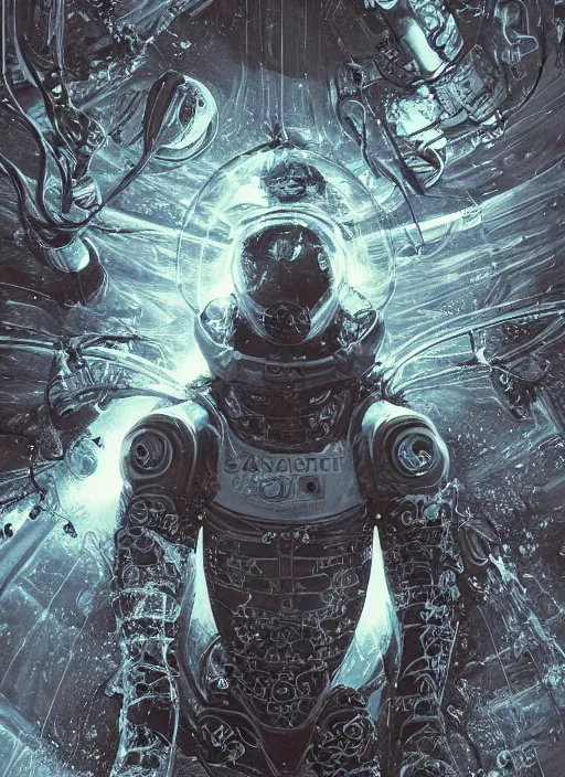 Image similar to astronauts in dark void underwater - complex and hyperdetailed technical suit. reflection and dispersion materials. rays and dispersion of light. volumetric light. f / 3 2. noise film photo. flash photography. ultra realistic, wide angle. poster by wayne barlowe, hajime sorayama aaron horkey, craig mullins