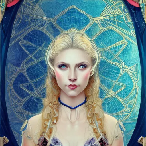 Image similar to head-on symmetrical centered painted portrait, warrior princess, voluminous blonde hair, art nouveau, fractal tarot card style, masterpiece, fantasy, intricate, elegant, highly detailed, smooth, sharp focus, illustration, artstation, in the style of Artgerm and Anna Podedworna and Alex Ross and Mucha