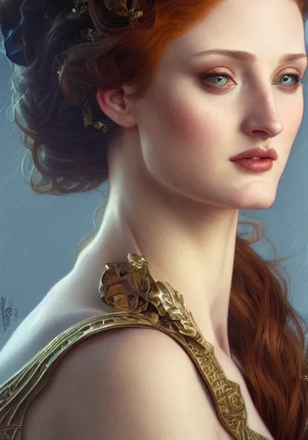 Image similar to sansa angeline jolie gessica chastain, intricate, elegant, highly detailed, digital painting, artstation, concept art, smooth, sharp focus, illustration, art by artgerm and greg rutkowski and alphonse mucha and william - adolphe bouguereau