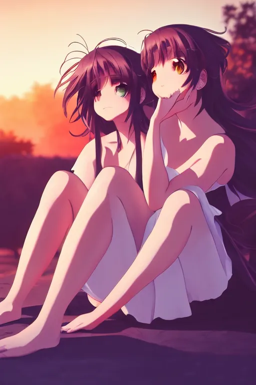 Image similar to two beautiful mothers sitting on a hot summer evening, gorgeous faces, thick lines, cinematic lighting, detailed anime art