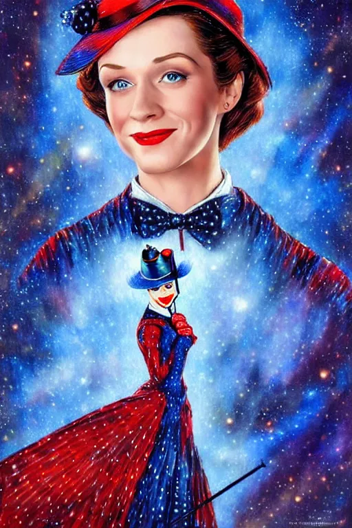 Image similar to beautiful oil painting with high detail of Marry Poppins made of stars and plasma; seemlessly blending wirh the cosmos, art direction by James Cameron ;by artgerm; wayne reynolds art station; cinematic quality character render; low angle; ultra high quality model; production quality cinema model; marry Poppins escher punk