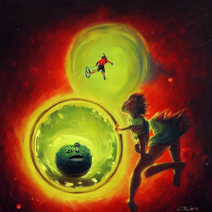 Image similar to cinematic portrait of a tennis ball monster in the abyss of space, oil on canvas, masterpiece, trending on artstation, featured on pixiv, cinematic composition, dramatic pose, beautiful lighting, sharp details, hyper-detailed, HD, HDR, 4K, 8K, art by Basil Gogos