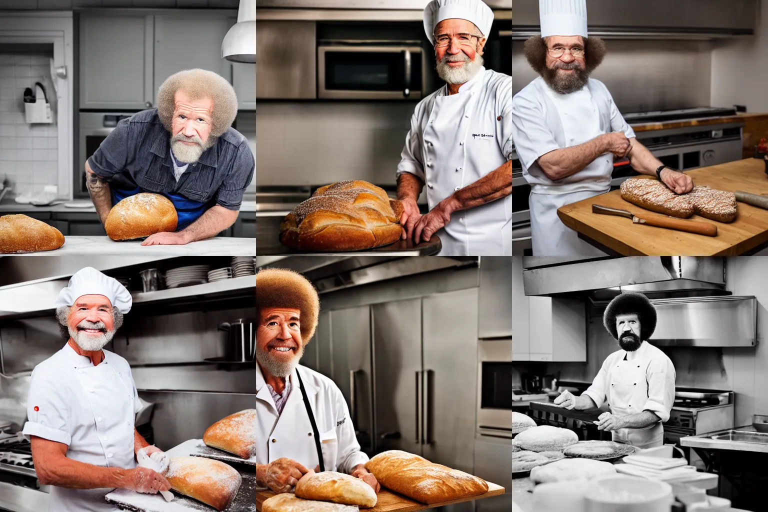 Prompt: Bob Ross as an Italian baker in a modern kitchen making bread, dslr photo