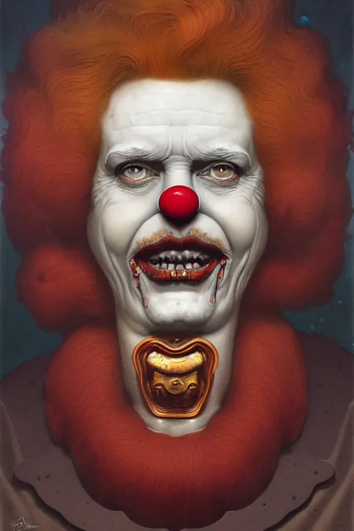 Image similar to portrait of ronald mcdonald in the style of wayne barlowe, gustav moreau, peter mohrbacher, bussiere, roberto ferri, santiago caruso, luis ricardo falero, austin osman spare