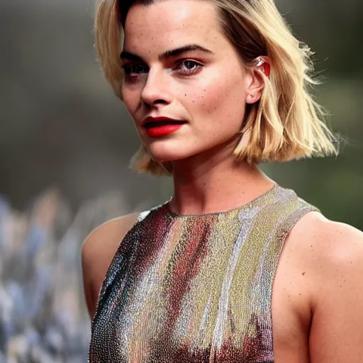 Image similar to a woman who is a genetic combination of margot robbie and emma watson face and upper - body focus