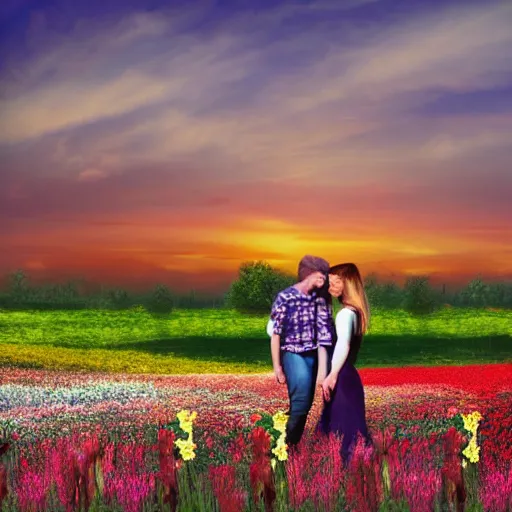 Prompt: a young couple holding hands in a field of flowers at sunset, cartoon