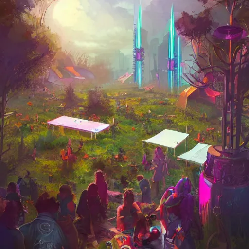 Image similar to a painting of a 1 9 6 0 s cyberpunk futuristic hippie flower power commune with tents and fruit trees and flowers and led screens, a matte painting by magali villenueve and mandy jurgens and charlie bowater, cgsociety, utopia art, sci - fi, bold colors, artstation hq