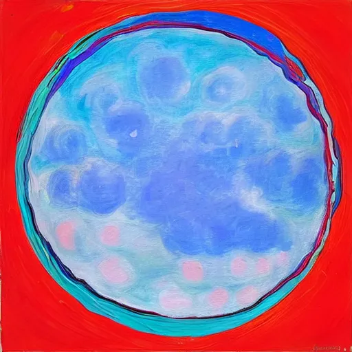 Prompt: a masterpiece painting of a blue sky with puffy white clouds and a dayglo pink dot in the center