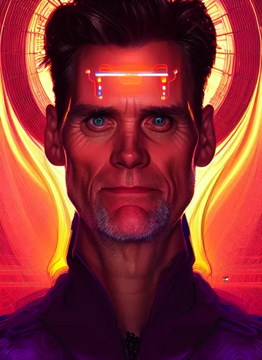 Image similar to symmetry portrait of jim carrey, sci - fi, tech wear, glowing lights, intricate, elegant, highly detailed, digital painting, artstation, concept art, smooth, sharp focus, illustration, art by artgerm and greg rutkowski and alphonse mucha