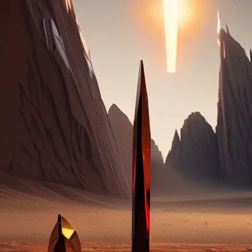 Image similar to huge angular vertical complex translucent crystal in the desert, reflection from the crystal is sparkling due to sun, small retro starship is near, futuristic hi-tech details, art by anthony macbain + greg rutkowski + alphonse mucha, concept art, 4k, sharp focus, cinematic render unreal engine