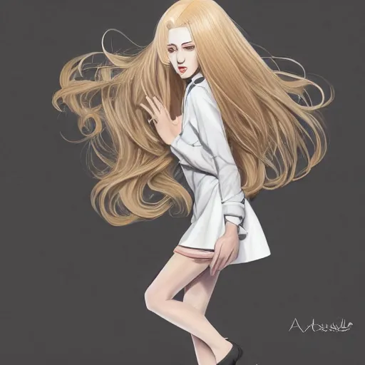 Prompt: Lucius as a beautiful androgynous blond man, white dress shirt and black miniskirt stockings heels, fluffy long curly blond hair, 4k digital illustration by Artgerm, wlop, James Jean, Andrei Riabovitchev, Marc Simonetti, yoshitaka Amano, Artstation, CGsociety