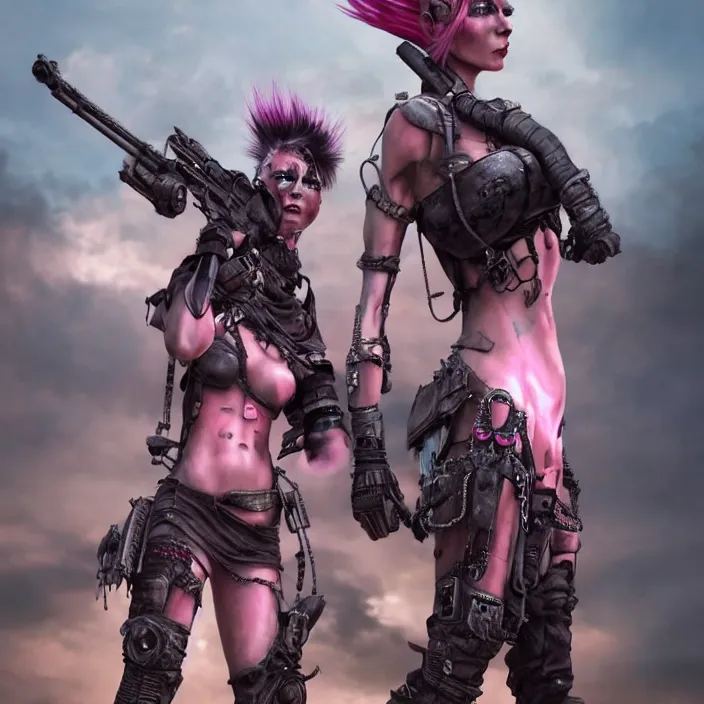 Image similar to beautiful apocalyptic woman with pink Mohawk, standing on mad max panzer tank, 4k ultra hd, fantasy dark art, tank girl, artstation, octane render, elegant, detailed digital painting