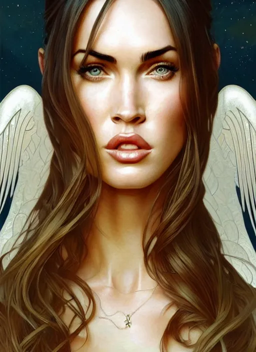 Image similar to portrait of megan fox as an blonde angel, wings, bible, intricate, headshot, highly detailed, digital painting, artstation, concept art, sharp focus, cinematic lighting, illustration, art by artgerm and greg rutkowski, alphonse mucha, cgsociety