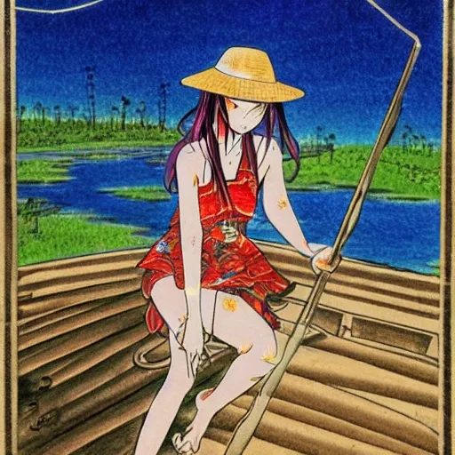 Prompt: manga art girl in straw hat with dragon tatoo with lights traveling around swamp in boat