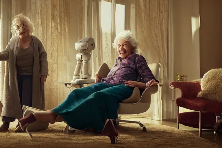 Prompt: VFX movie portrait of happy old woman helping a futuristic assistant robot in a decadent living room by Emmanuel Lubezki