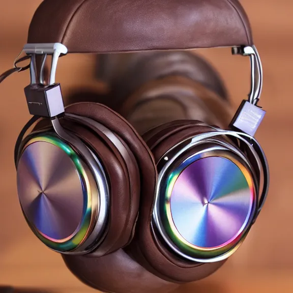 Prompt: masterpiece photo of beautiful crafted bismuth metal headphones, bismuth rainbow metal, bismuth cups, leather padding, displayed on mahogany desk, modernist headphones, bismuth headphones beautiful well designed, hyperrealistic, audiophile, intricate hyper detail, extreme high quality, photographic, meze audio, sennheiser, hifiman, artstation