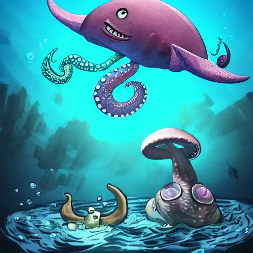 Prompt: an amazing underwater comic of a blue spotted octopus selling snail shells to a shark, trending on artstation cgsociety, award winner, highly detailed, cinematic.