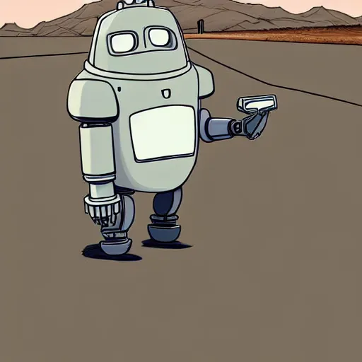 Image similar to a study of cell shaded cartoon of a grey robot st. bernard from howl's moving castle ( 2 0 0 4 ) on a desert road, full body, wide shot, very muted colors, post grunge, studio ghibli, laurie greasley, highly detailed, deviantart, art by artgem