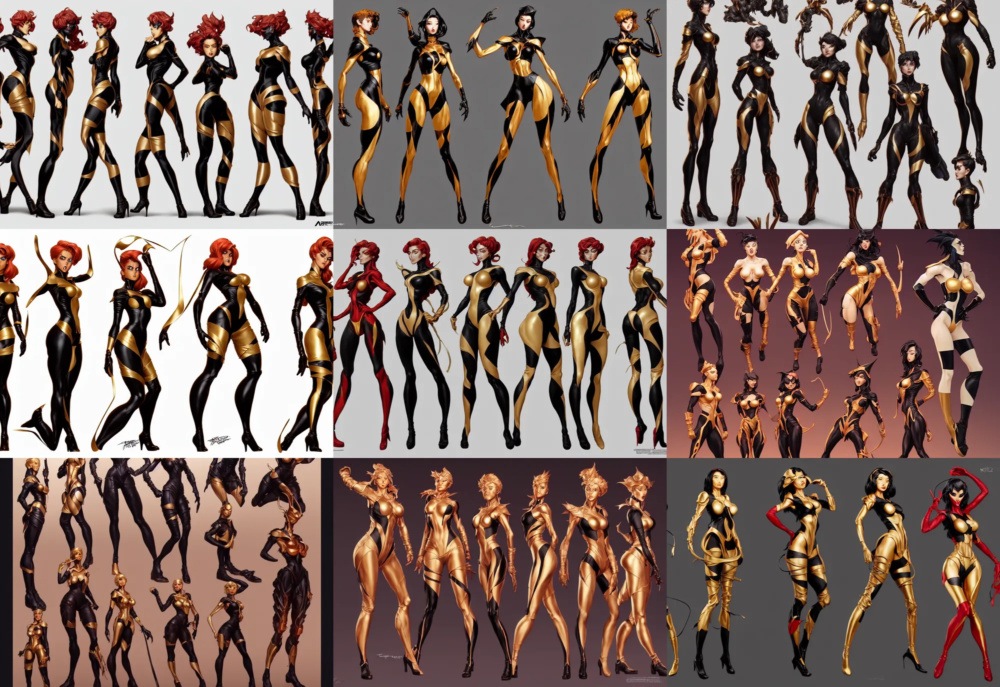 Prompt: three views cartoon character design by artgerm, cushart krenz, zeronis, donato giancola and greg rutkowski. future head set!! black tape project show attctive showgirl!! full body!! sharp edge. ultra clear detailed. contour light effect!! 8 k. red, golden and black. stage light. octane render.