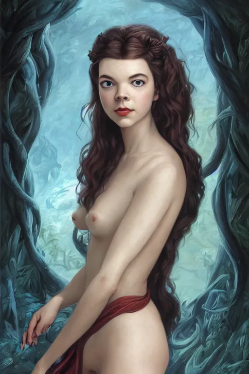 Image similar to A fantasy comic book style portrait painting of Anya Taylor-Joy, hybrid, Natalie Wood, as an Atlantean Reptilian Warrior, François Boucher, Oil Painting, Mystical Valkyrie, unreal 5, DAZ, hyperrealistic, octane render, Regal, Refined, Detailed Digital Art, RPG portrait, William-Adolphe Bouguereau, Michael Cheval, Walt Disney (1937), Steampunk, dynamic lighting, Highly Detailed, Cinematic Lighting, Unreal Engine, 8k, HD