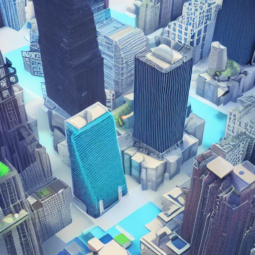 Prompt: low poly art of new york city skyscrapers on a round floating island in the sky, surrounded by waterfalls, isometric art, 3d render, ray tracing, high detail, artstation, concept art, behance, smooth, sharp focus, ethereal lighting, unreal engine 5