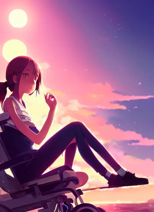 Prompt: side portrait of cute girl, sunset sky in background, beach landscape, illustration concept art anime key visual trending pixiv fanbox by wlop and greg rutkowski and makoto shinkai and studio ghibli and kyoto animation, futuristic wheelchair, symmetrical facial features, future clothing, volumetric lighting, backlit