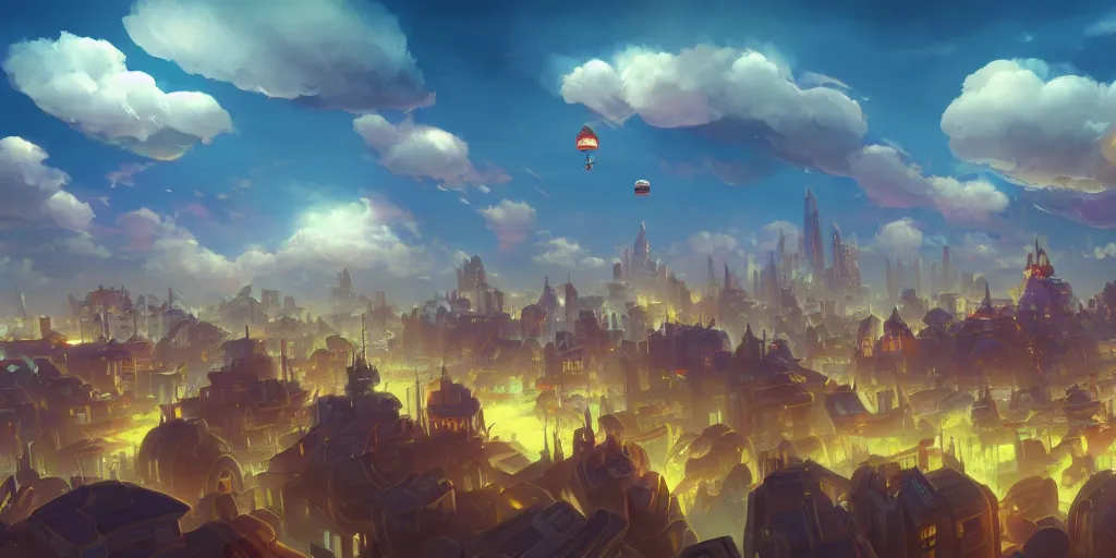 Image similar to a city in the style of piltover from arcane, blimps in the sky, blue skies, soft clouds, trending on artstation