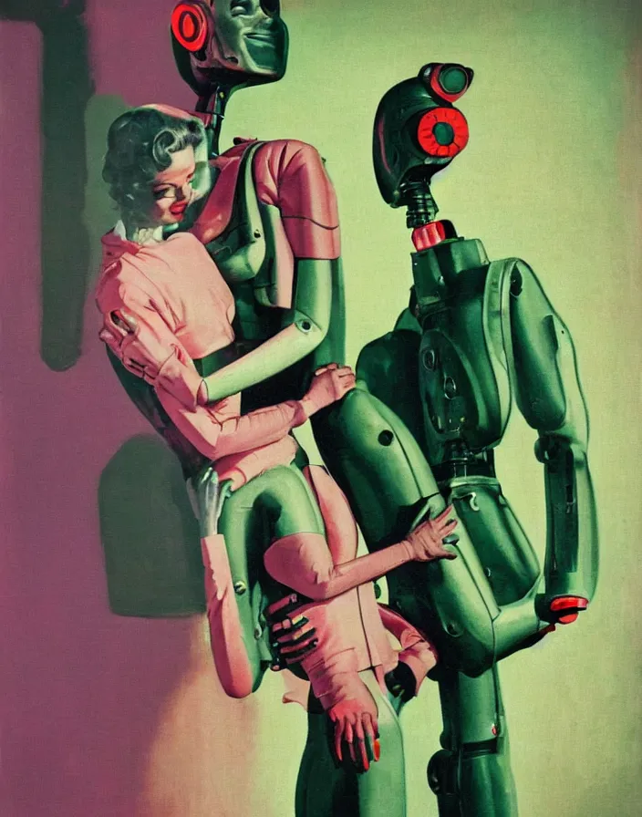 Image similar to a female housewife!!!! being hugged lovingly by a robot!!!! in a suit!!!, 1 9 5 0 s horror film movie poster style, ( norman rockwell oil painting ), close - up shot, medium shot, retro science fiction, vintage, saturated pink and green lighting, shadowy lighting