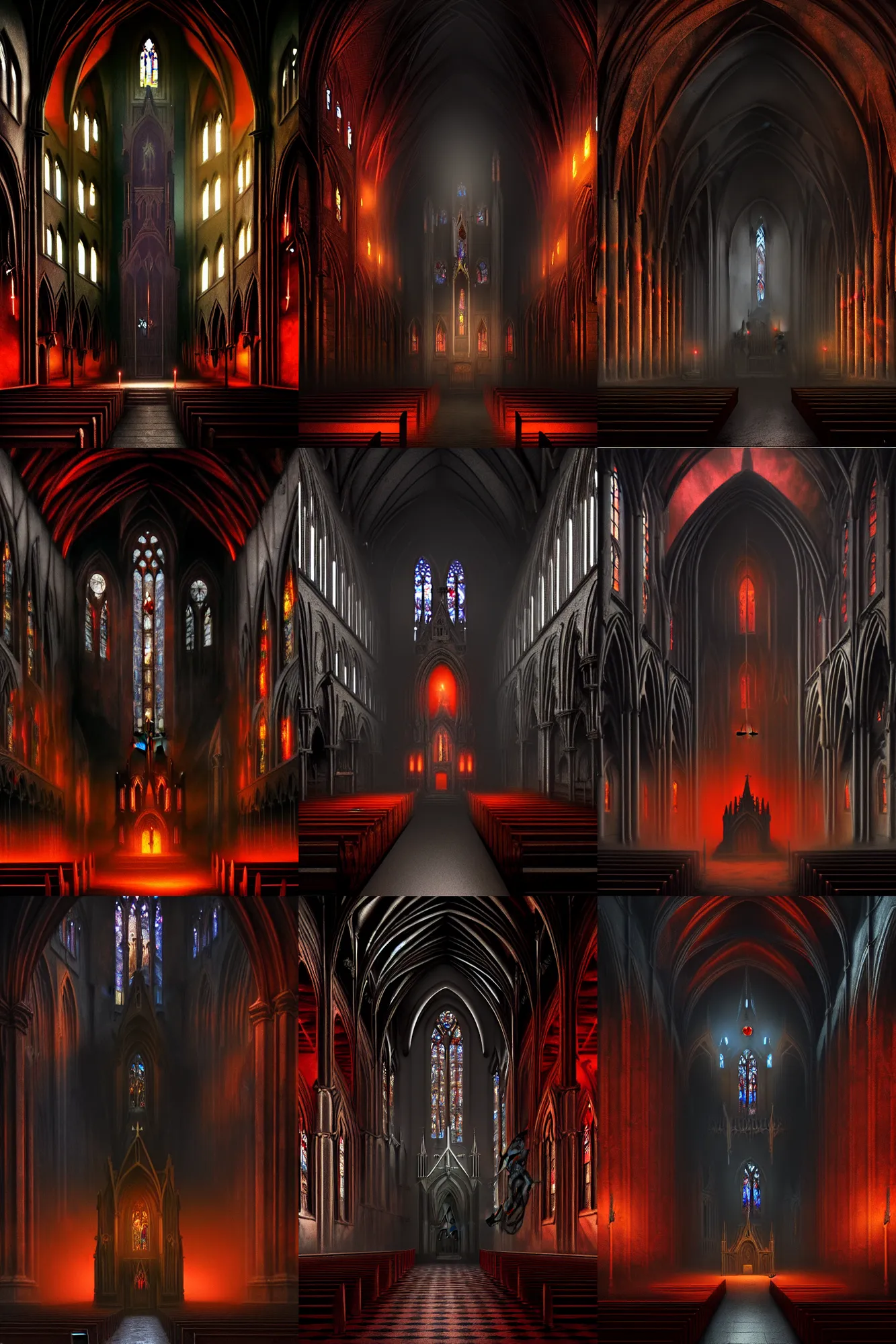 Prompt: a matte painting of the interior of a gothic church with demonic creature with glowing fire eyes standing in the center, digital painting, concept art, rusty metal walls, dark colors, muted colors, red colors, tense atmosphere, church cathedral, amazing value control, muted colors, moody colors, dramatic lighting, cinematic lighting, sharp focus, in the style of frank frazetta